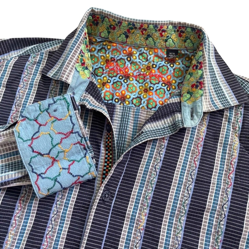 Robert Graham Cotton Silk Striped Shirt Men Medium Blue Embroider Modal Colorful